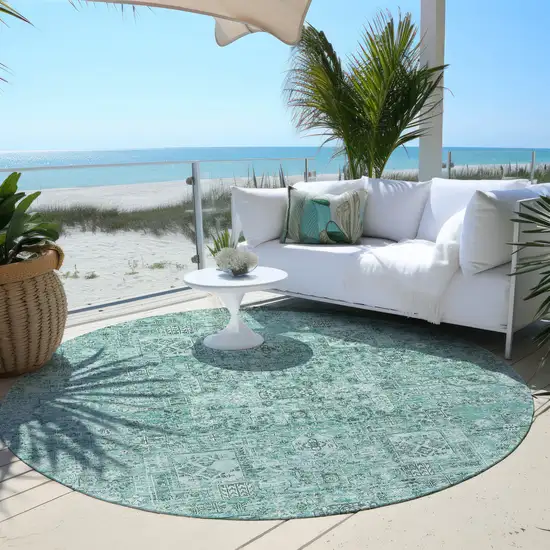 8' Teal Blue Aqua And Gray Round Floral Washable Indoor Outdoor Area Rug Photo 6