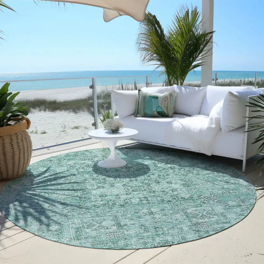 8' Teal Blue Aqua And Gray Round Floral Washable Indoor Outdoor Area Rug Photo 6