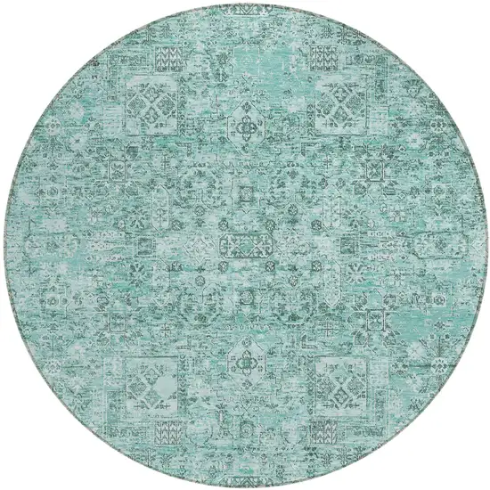 8' Teal Blue Aqua And Gray Round Floral Washable Indoor Outdoor Area Rug Photo 2