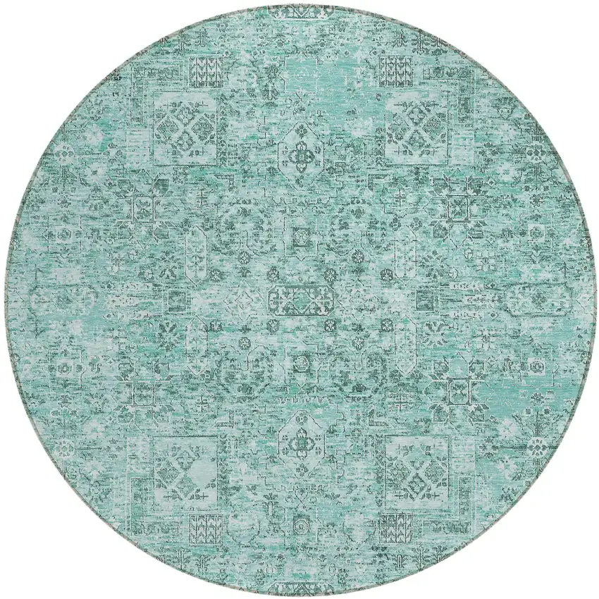 8' Teal Blue Aqua And Gray Round Floral Washable Indoor Outdoor Area Rug Photo 2