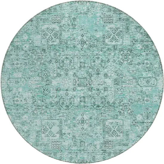 8' Teal Blue Aqua And Gray Round Floral Washable Indoor Outdoor Area Rug Photo 2