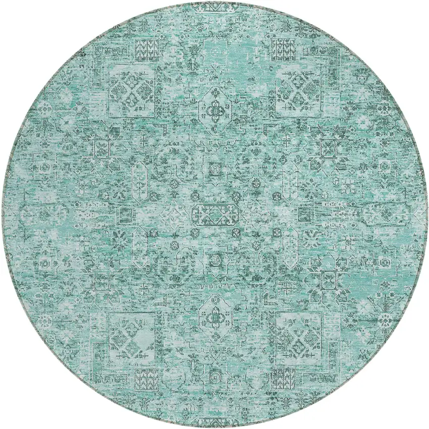 8' Teal Blue Aqua And Gray Round Floral Washable Indoor Outdoor Area Rug Photo 2