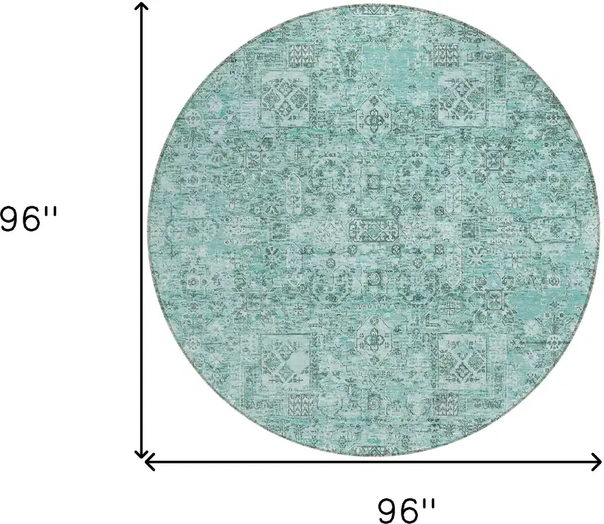 8' Teal Blue Aqua And Gray Round Floral Washable Indoor Outdoor Area Rug Photo 3