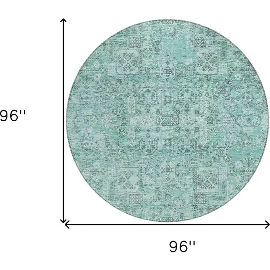 8' Teal Blue Aqua And Gray Round Floral Washable Indoor Outdoor Area Rug Photo 3