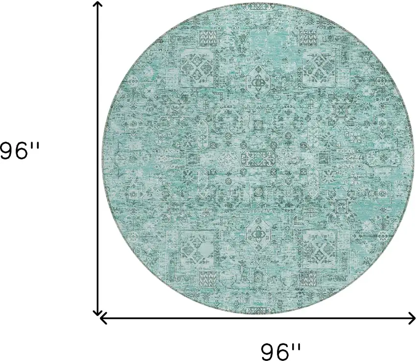 8' Teal Blue Aqua And Gray Round Floral Washable Indoor Outdoor Area Rug Photo 3
