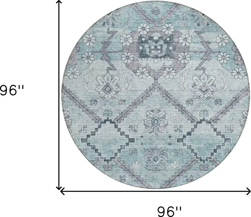 8' Teal Blue Aqua And Gray Round Floral Washable Indoor Outdoor Area Rug Photo 3