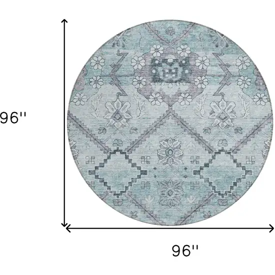 8' Teal Blue Aqua And Gray Round Floral Washable Indoor Outdoor Area Rug Photo 3