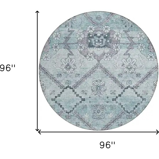 8' Teal Blue Aqua And Gray Round Floral Washable Indoor Outdoor Area Rug Photo 3