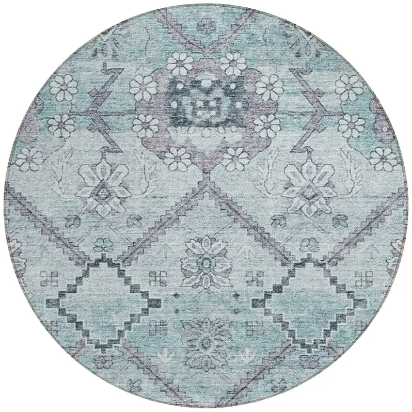 8' Teal Blue Aqua And Gray Round Floral Washable Indoor Outdoor Area Rug Photo 5