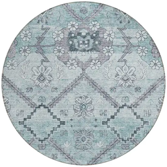8' Teal Blue Aqua And Gray Round Floral Washable Indoor Outdoor Area Rug Photo 5