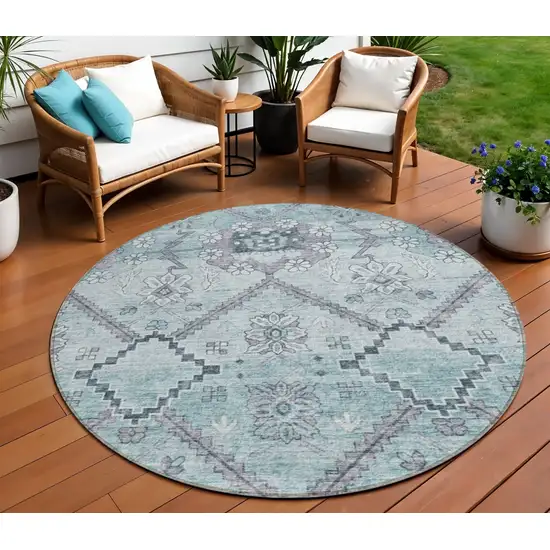 8' Teal Blue Aqua And Gray Round Floral Washable Indoor Outdoor Area Rug Photo 1
