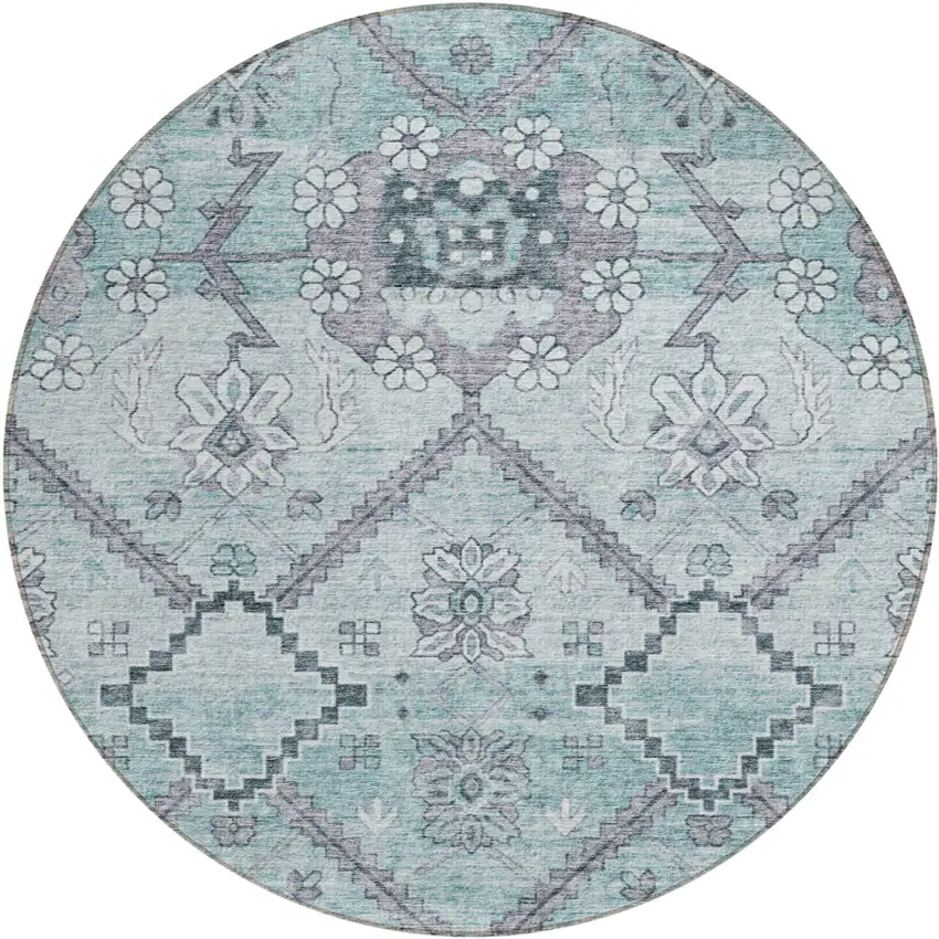 8' Teal Blue Aqua And Gray Round Floral Washable Indoor Outdoor Area Rug Photo 2
