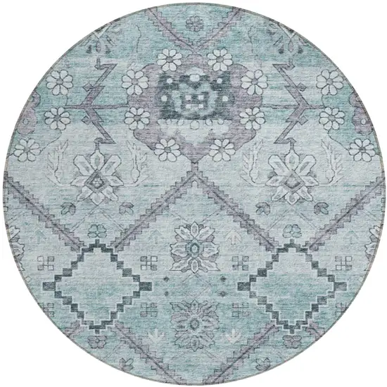 8' Teal Blue Aqua And Gray Round Floral Washable Indoor Outdoor Area Rug Photo 2
