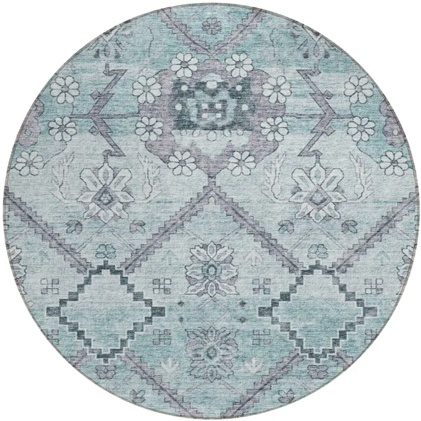 8' Teal Blue Aqua And Gray Round Floral Washable Indoor Outdoor Area Rug Photo 2