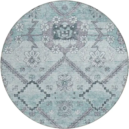 8' Teal Blue Aqua And Gray Round Floral Washable Indoor Outdoor Area Rug Photo 2