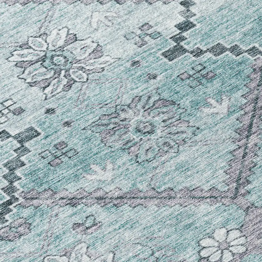 8' Teal Blue Aqua And Gray Round Floral Washable Indoor Outdoor Area Rug Photo 8