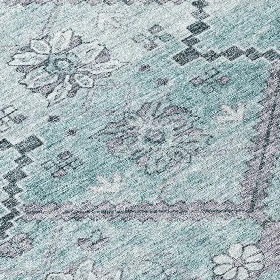 8' Teal Blue Aqua And Gray Round Floral Washable Indoor Outdoor Area Rug Photo 8