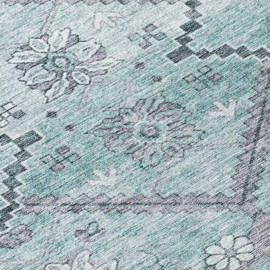 8' Teal Blue Aqua And Gray Round Floral Washable Indoor Outdoor Area Rug Photo 8