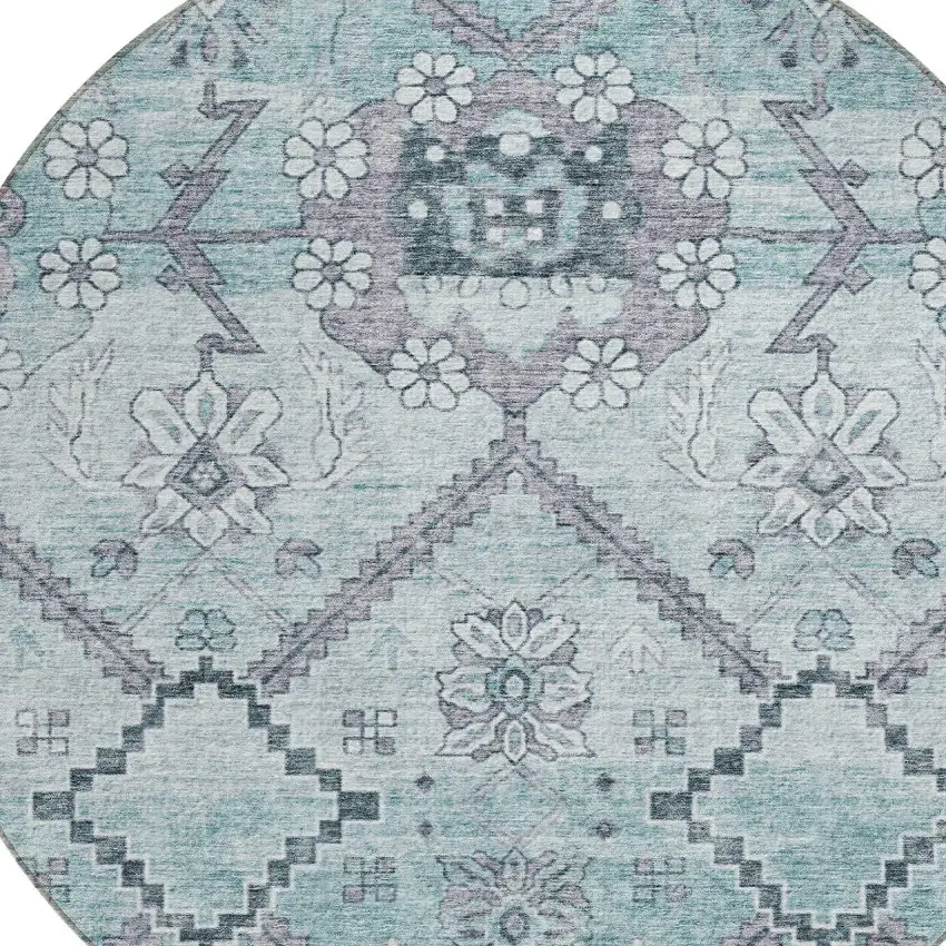 8' Teal Blue Aqua And Gray Round Floral Washable Indoor Outdoor Area Rug Photo 4