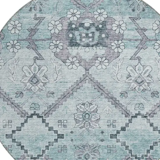 8' Teal Blue Aqua And Gray Round Floral Washable Indoor Outdoor Area Rug Photo 4