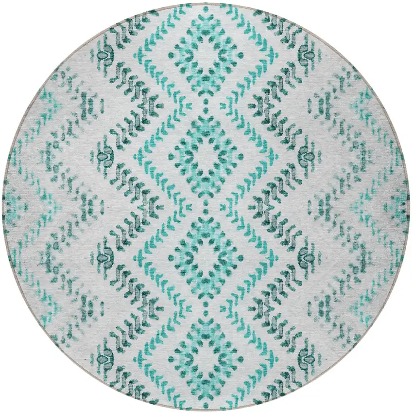 8' Teal Blue Aqua And Gray Round Geometric Washable Indoor Outdoor Area Rug Photo 4