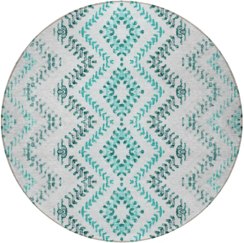 8' Teal Blue Aqua And Gray Round Geometric Washable Indoor Outdoor Area Rug Photo 4