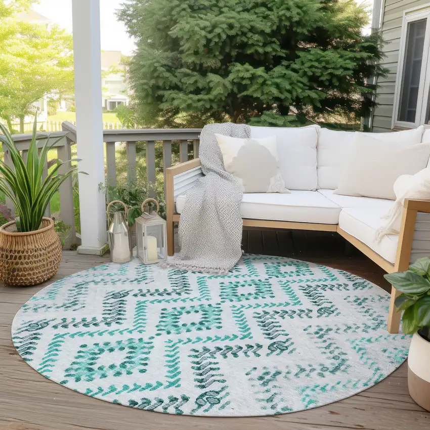 8' Teal Blue Aqua And Gray Round Geometric Washable Indoor Outdoor Area Rug Photo 5