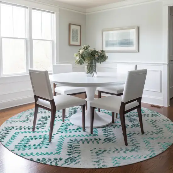 8' Teal Blue Aqua And Gray Round Geometric Washable Indoor Outdoor Area Rug Photo 6