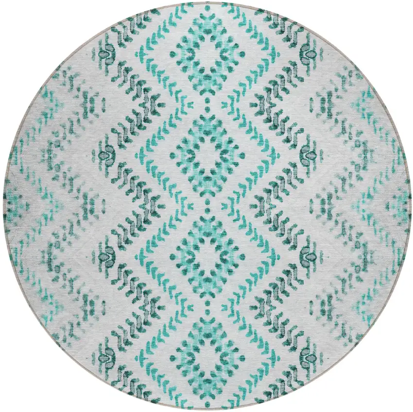 8' Teal Blue Aqua And Gray Round Geometric Washable Indoor Outdoor Area Rug Photo 2