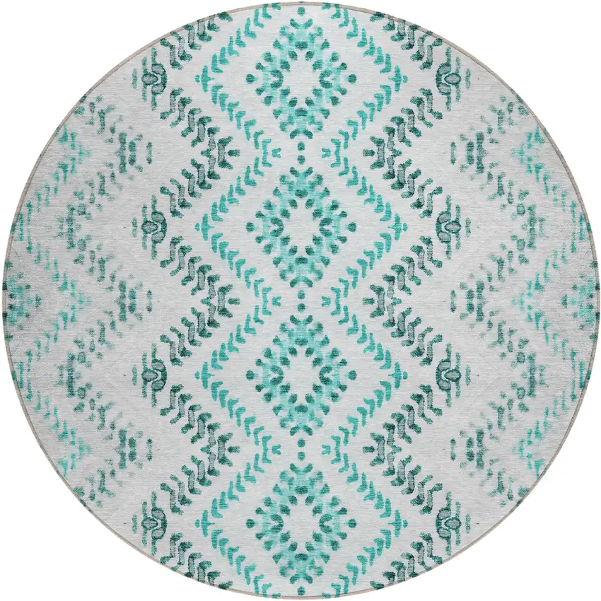 8' Teal Blue Aqua And Gray Round Geometric Washable Indoor Outdoor Area Rug Photo 2