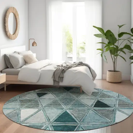 8' Teal Blue Aqua And Gray Round Geometric Washable Indoor Outdoor Area Rug Photo 9