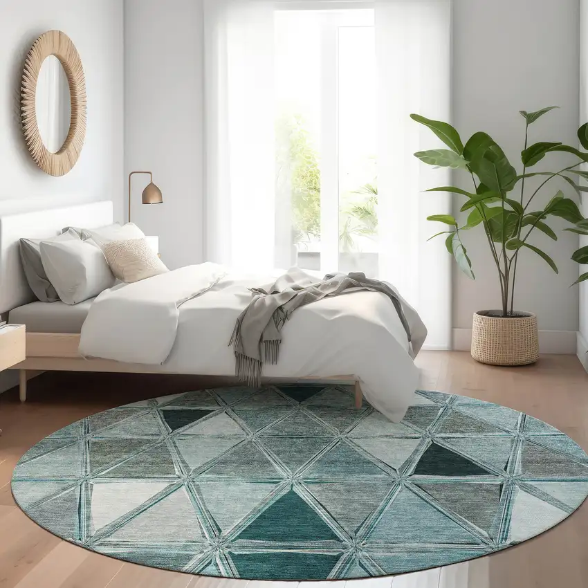 8' Teal Blue Aqua And Gray Round Geometric Washable Indoor Outdoor Area Rug Photo 9