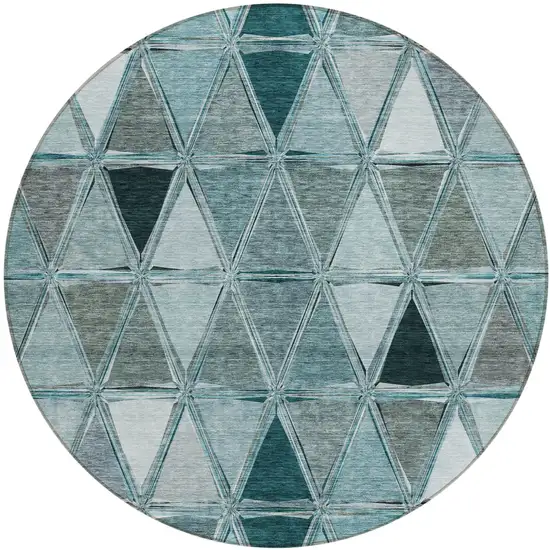 8' Teal Blue Aqua And Gray Round Geometric Washable Indoor Outdoor Area Rug Photo 1