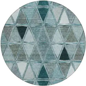 Photo of 8' Teal Blue Aqua And Gray Round Geometric Washable Indoor Outdoor Area Rug