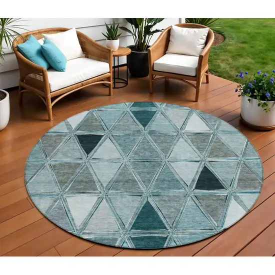 8' Teal Blue Aqua And Gray Round Geometric Washable Indoor Outdoor Area Rug Photo 1