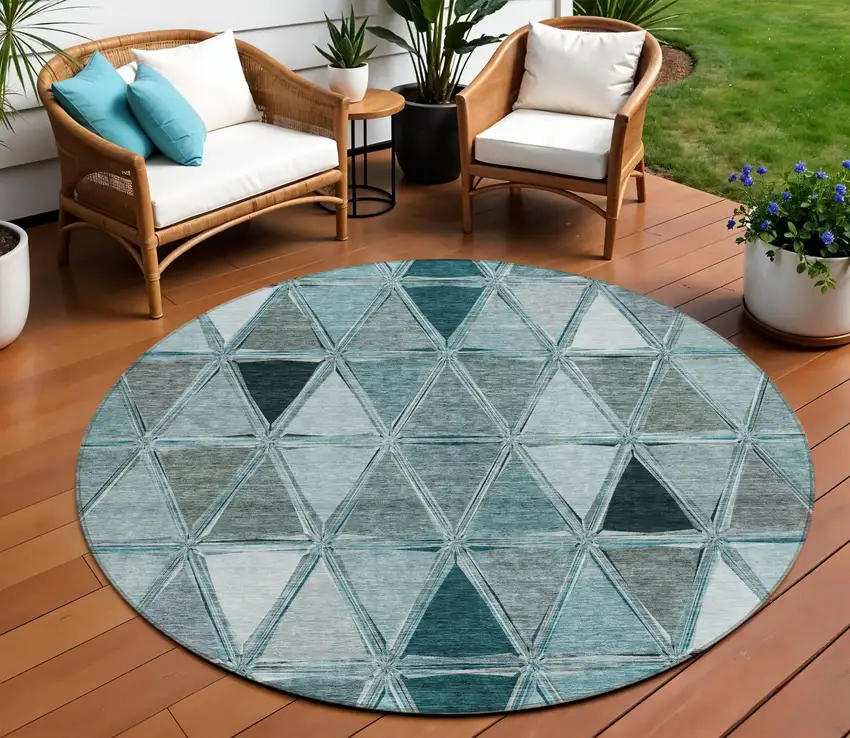 8' Teal Blue Aqua And Gray Round Geometric Washable Indoor Outdoor Area Rug Photo 1