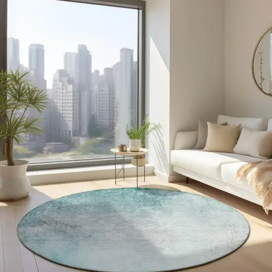 8' Teal Blue Aqua And Gray Round Ombre Washable Indoor Outdoor Area Rug Photo 7