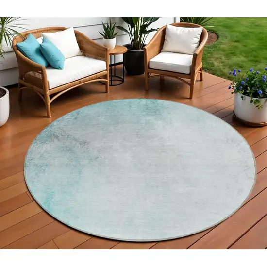 8' Teal Blue Aqua And Gray Round Ombre Washable Indoor Outdoor Area Rug Photo 1