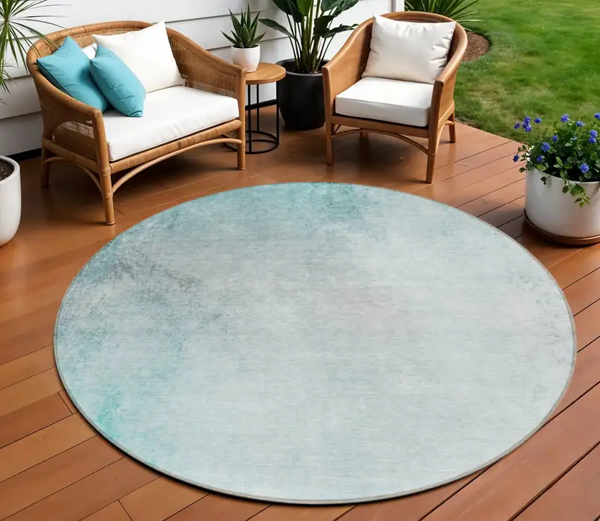 8' Teal Blue Aqua And Gray Round Ombre Washable Indoor Outdoor Area Rug Photo 1