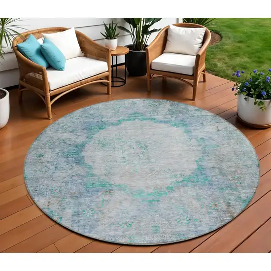 8' Teal Blue Aqua And Gray Round Oriental Washable Indoor Outdoor Area Rug Photo 1