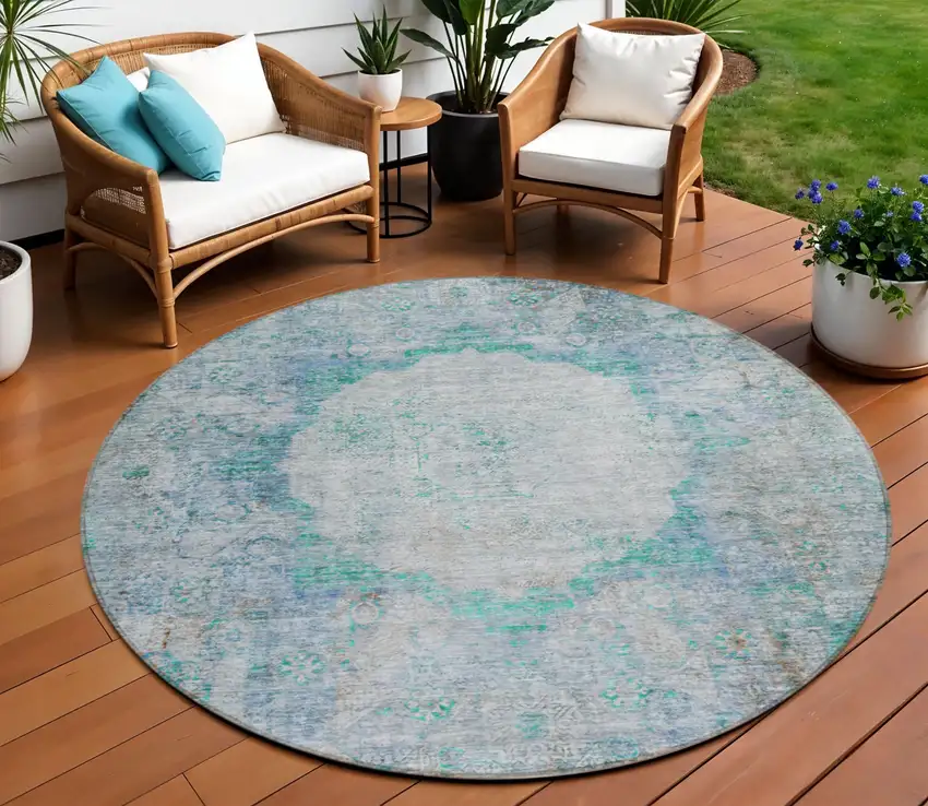 8' Teal Blue Aqua And Gray Round Oriental Washable Indoor Outdoor Area Rug Photo 1
