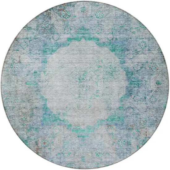 8' Teal Blue Aqua And Gray Round Oriental Washable Indoor Outdoor Area Rug Photo 5