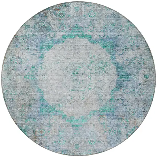 8' Teal Blue Aqua And Gray Round Oriental Washable Indoor Outdoor Area Rug Photo 5