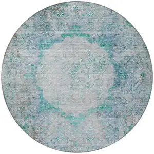 Photo of 8' Teal Blue Aqua And Gray Round Oriental Washable Indoor Outdoor Area Rug