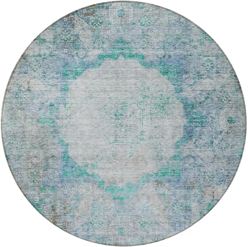 8' Teal Blue Aqua And Gray Round Oriental Washable Indoor Outdoor Area Rug Photo 5