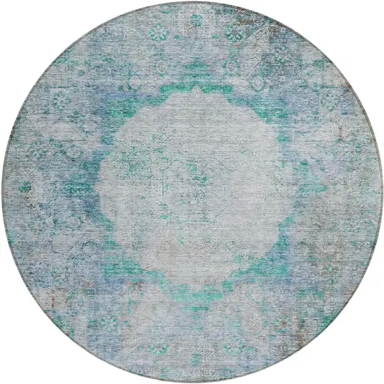 8' Teal Blue Aqua And Gray Round Oriental Washable Indoor Outdoor Area Rug Photo 2