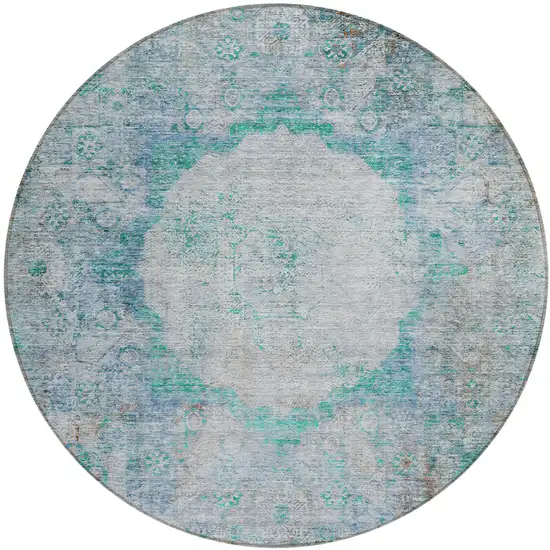 8' Teal Blue Aqua And Gray Round Oriental Washable Indoor Outdoor Area Rug Photo 2