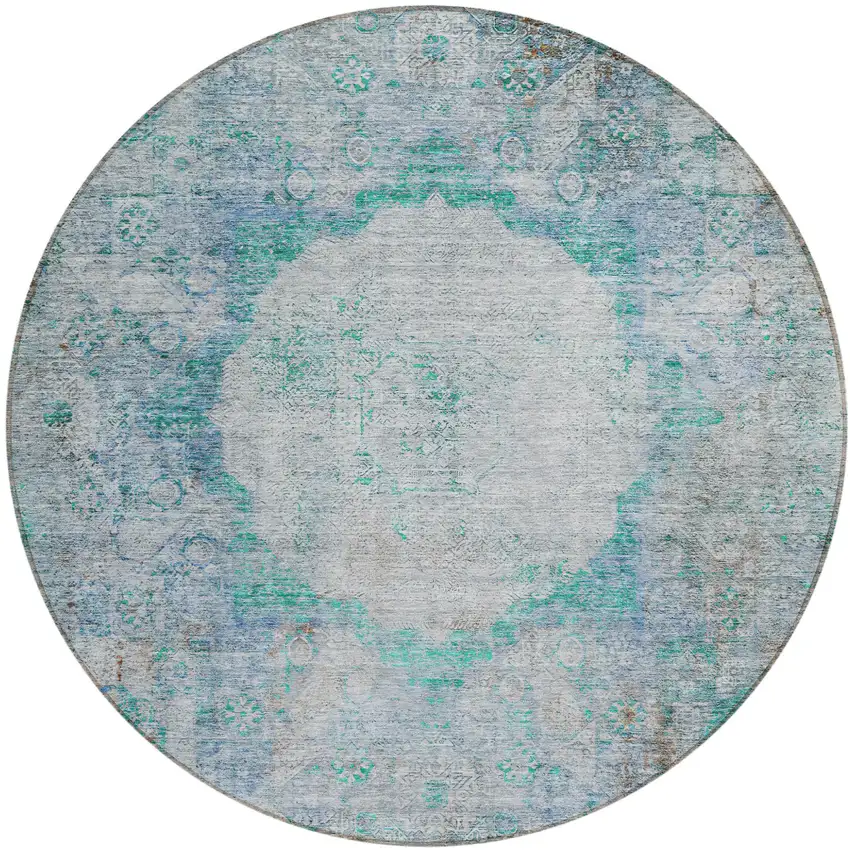 8' Teal Blue Aqua And Gray Round Oriental Washable Indoor Outdoor Area Rug Photo 2