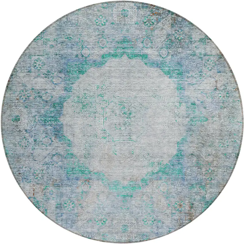 8' Teal Blue Aqua And Gray Round Oriental Washable Indoor Outdoor Area Rug Photo 2