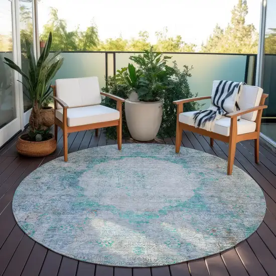 8' Teal Blue Aqua And Gray Round Oriental Washable Indoor Outdoor Area Rug Photo 6